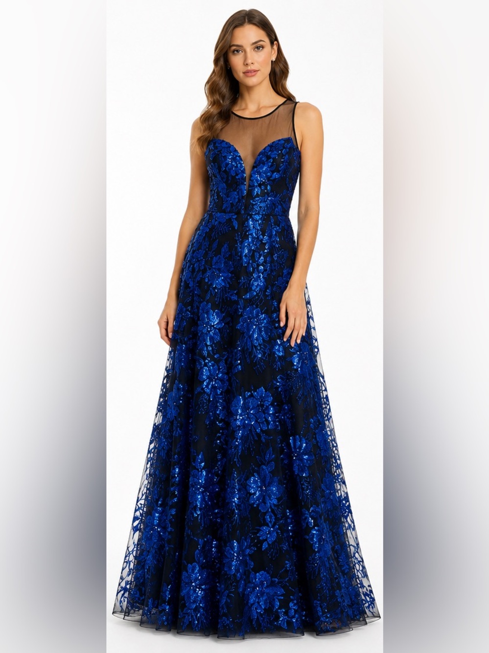 Dress the Population Royal Blue Floral Sequin Prom Gown